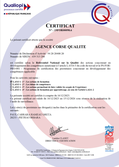 Attestation Qualiopi - Agence Corse Qualite